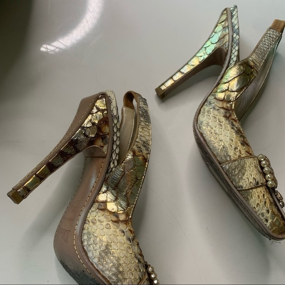 Vintage Christian Dior python square toe Jeweled gold sling back stiletto - Picture 4 of 16